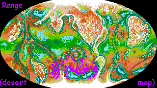 Distribution map of desert mops, a heat-tolerant feathered saurian people native to Tharn, a dry thin-aired world