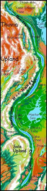 Map of Mrr Trench, a deep, lake-dotted oasis on Tharn, a dry Marslike world-model.
