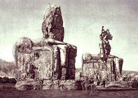 Ruined, monumental statues of seated centauroids. Ngippo Culture, Tin Kik Desert, on Tharn, a mostly dry Marslike world-model. Click to enlarge.