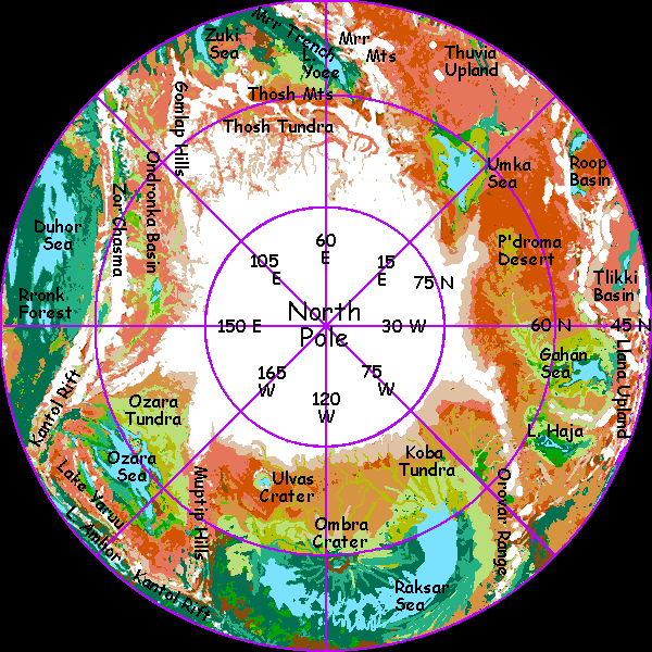 Map of north polar regions of Tharn,  a dry, thin-aired world-model.