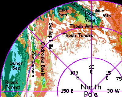 Map of north polar regions of Tharn, a dry, thin-aired world-model.
