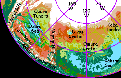 Map of north polar regions of Tharn, a dry, thin-aired world-model.