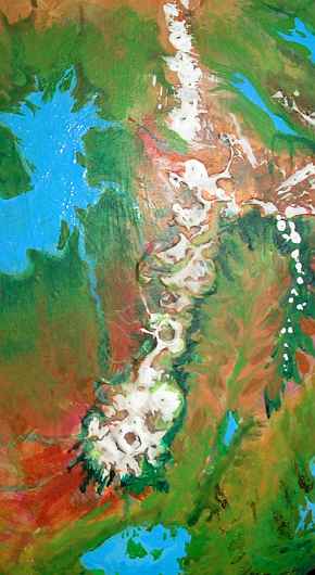 High orbital photo of the Orovar Range on Tharn, a dry, thin-aired world-model. At bottom, Rippagong Sea. Lower left: Tlani Desert. Upper left: Raksar Sea.