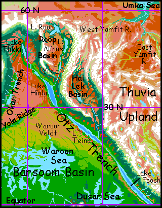 Map of Otz Trench, a lake-dotted, fertile crevasse on Tharn, a rather dry, Martian world-model.