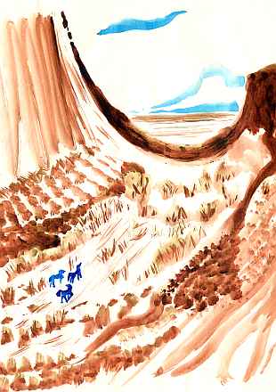 Sepia watercolor sketch of three quadrupeds climbing scree to a rocky pass with low, scattered trees; desert plains beyond. Click to enlarge.
