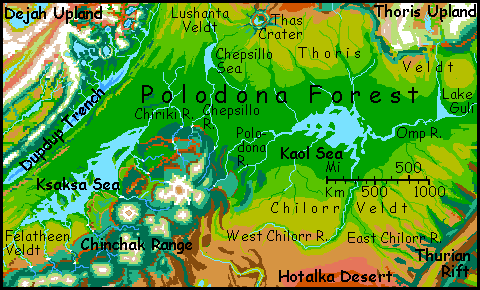 Map of Polodona Rainforest on Tharn, a mostly dry Marslike world-model.