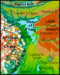 Map of the Sea of P'tang and Ohh Forest on Tharn, a mostly dry Marslike world-model.