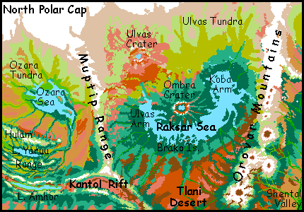 Map of the Raksar and Ozara Seas in far northern Tharn, a dry rather Martian world-model.