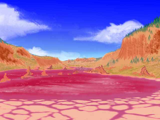Lake Felka, stained magenta by halothermophilic bacteria, on Tharn, a dry, rather Martian world-model