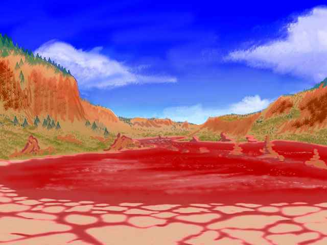 Lake Amhor, a brackish lake stained brick-red by bacteria, on Tharn, a world-building experiment.