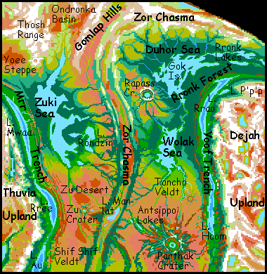 Map of the northern Zor Chasma region, including the Duhor, Wolak and Zuki Seas, on Tharn, a dry, rather Martian world-model