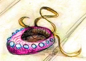 Sketch of bright magenta shoes shaped for a feline foot; snow-moccasins used by centahs on Tharn, a dry rather Marslike planet-model.
