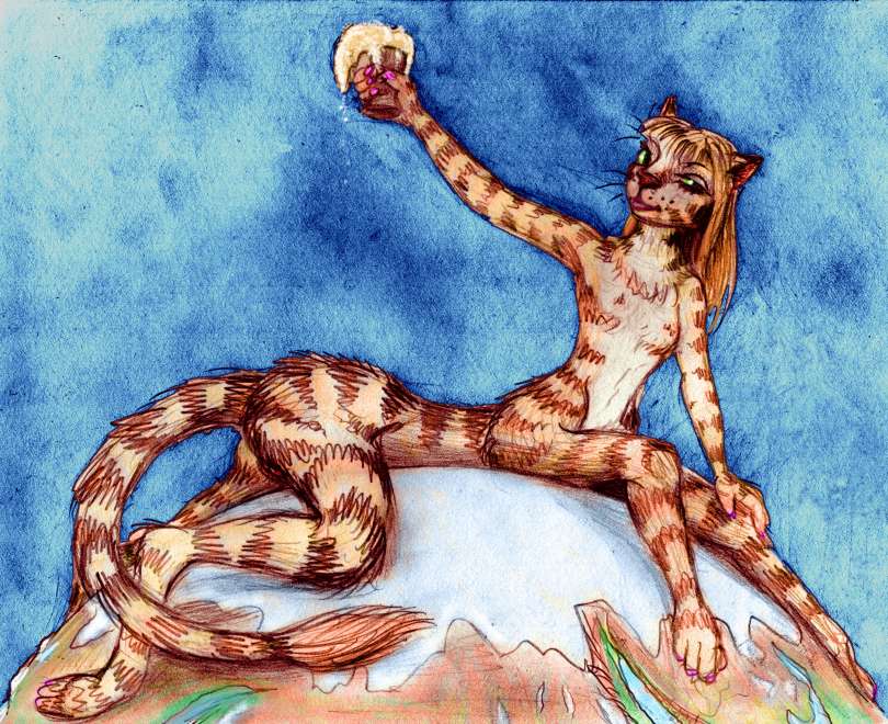 Sketch by Wayan of Sholika, a tiger-striped feline centauroid, sprawling on the polar cap of Tharn, an oceanless Marslike world, raising a beer mug. Click to enlarge.