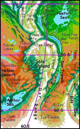 Map of Sola Upland and Trunzip Pass, an upland on Tharn, a rather dry, Martian world-model.