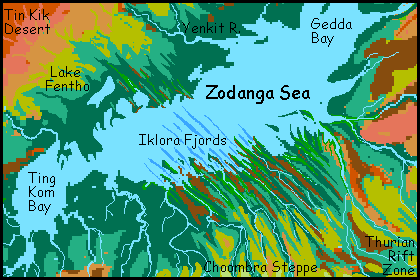 Map of the Iklora Fjords and Zodanga Sea on Tharn, a mostly dry Marslike world-model.