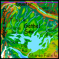 Map of the Gathol Sea on Tharn, a dry, rather Martian world-model.