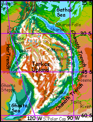 Map of the Tarkas Upland and the Ghasta Sea, on Tharn, a dry, rather Martian world-model.