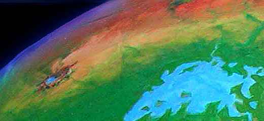 Low orbital photo of Thas Crater in the Liklik Desert on Tharn, a dry rather Martian world-model.