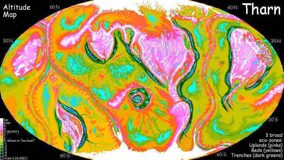A altitude map of Tharn colorcoded to show the three main levels: uplands and volcanoes, basins and plains, and trenches and craters. Tharn is a model biosphere like a warm, tectonically active Mars.