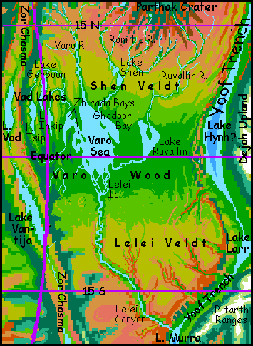 Map of the shallow Varo Sea on Tharn, a mostly dry Marslike world-model.