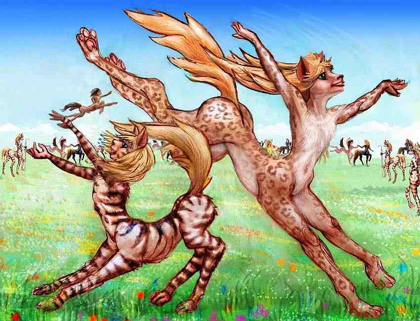 Two veltaurs, gracile centauroids; an adult and a fawn leaping at a spring dance. Veltaurs are one of a dozen intelligent species on Tharn, a biospherical experiment.