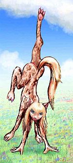 A veltaur, a gracile centauroid savanna-dweller, doing a flirtatious handstand. Native of Tharn, a dry, rather Martian world-model