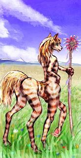 A veltaur, a striped centauroid native to savanna on Tharn, a biospherical experiment.