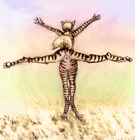 A veltaur with zebra stripes doing a ballet kick with her hind legs. Veltaurs are lightly built centauroids native to Tharn, a biospherical experiment.