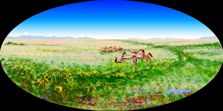 An oval sketch of a flowering savanna; three centauroids converse in the middle distance; village further off. Mountains on horizon. Click to enlarge.
