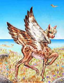 A winged antelope with high forehead and large eyes, in dry grass on a lakeshore. These 'wingbok' are one of a dozen intelligent species on Tharn, a biospherical experiment.