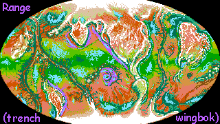 Distribution map of a intelligent species called trench wingbok, native to Tharn, a dry thin-aired world