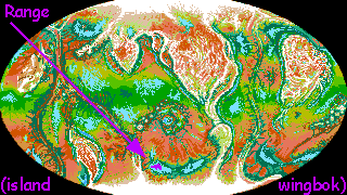 Distribution map of the intelligent species called island wingbok, native to Tharn, a dry thin-aired world