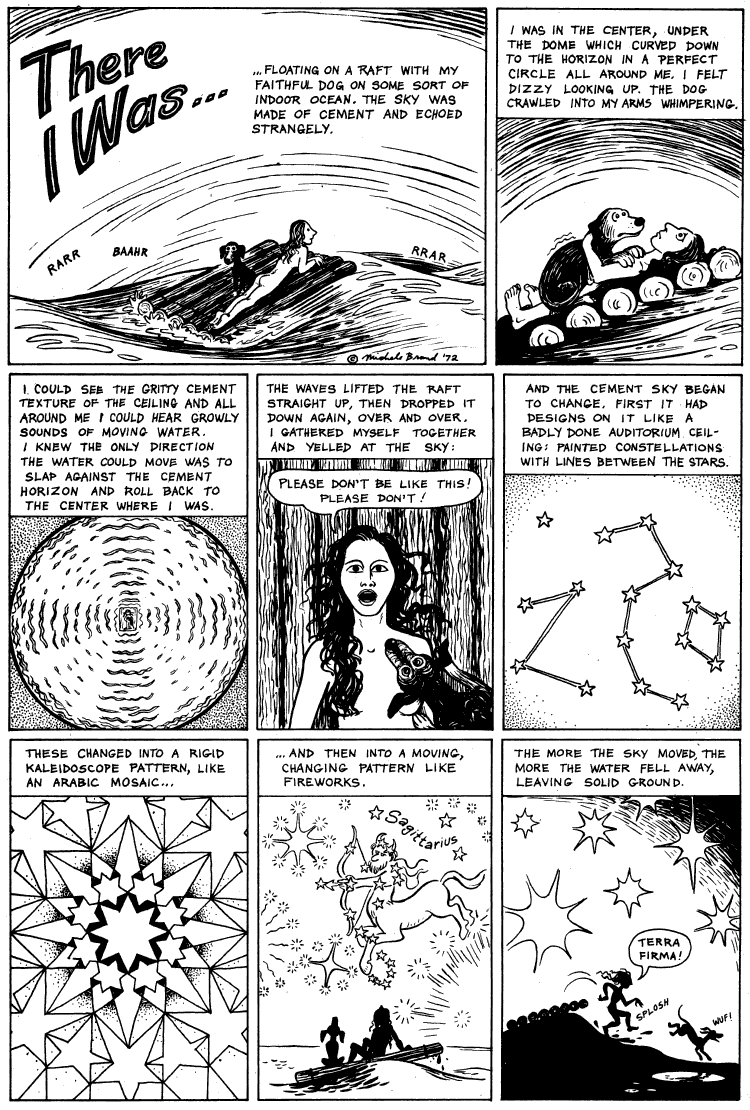 Black and white comic by Michelle Brand telling a dream or vision. She floats on a raft with a dog in an interior ocean; constellations come alive.