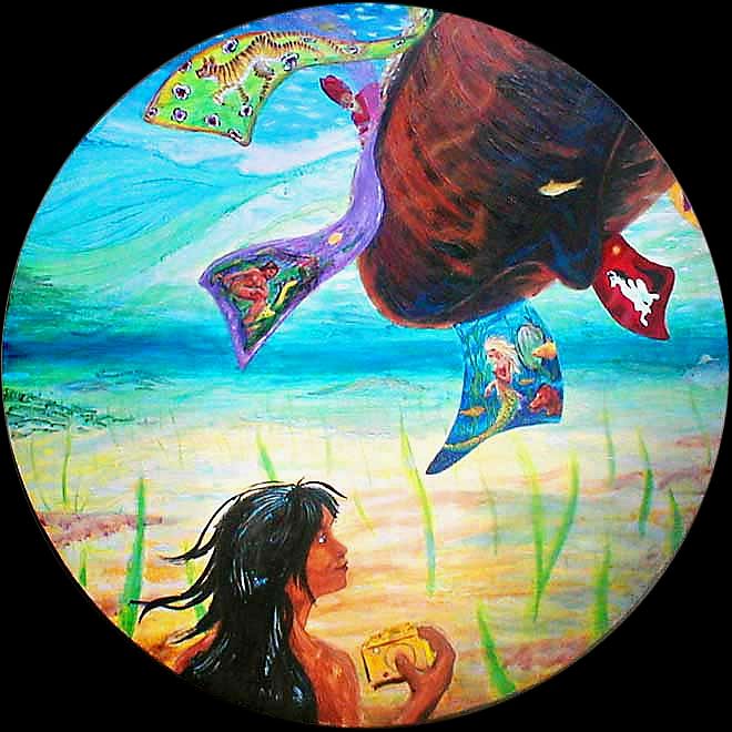 A round painting of a mermaid photographing the hull of a ship hung with bright underwater banners.