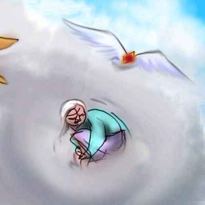 Dream: giant birds chase an old woman flying in fog. Or is she tiny? She curls up in fear.