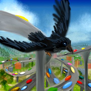 Raven over futuristic freeways. Dream sketch by Wayan. Click to enlarge.