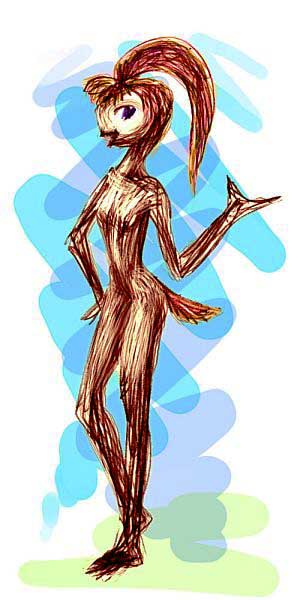 Line drawing of a skinny alien girl with a crest and short tail.