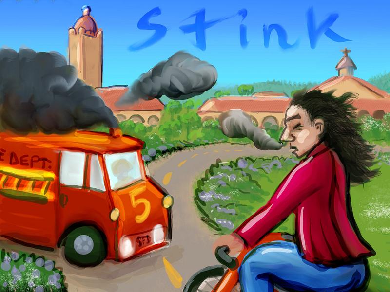 Stanford University firetruck spews exhaust in my face. Sketch by Wayan.