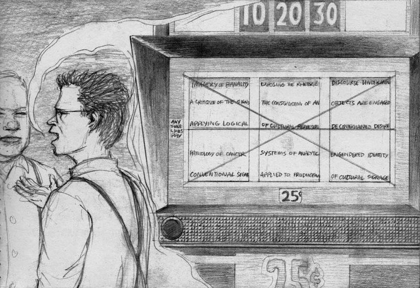 A slot machine generates postmodern art-criticism phrases. Dream sketch by Jim Shaw.