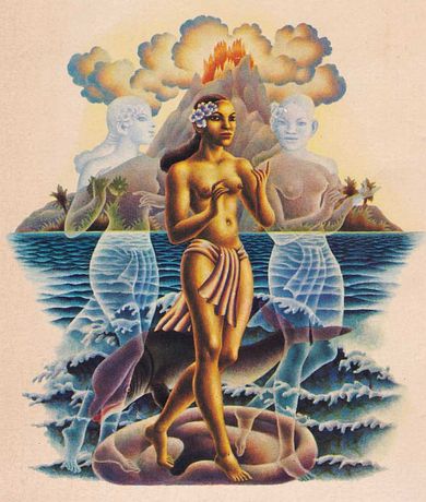 Cover illustration of Lyall Watson's 'Gifts of Unknown Things' (1980, Coronet Books/Hodder & Stoughton; artist uncredited!); an Indonesian dancer flanked by two ghost-girls, with a volcanic islet on horizon