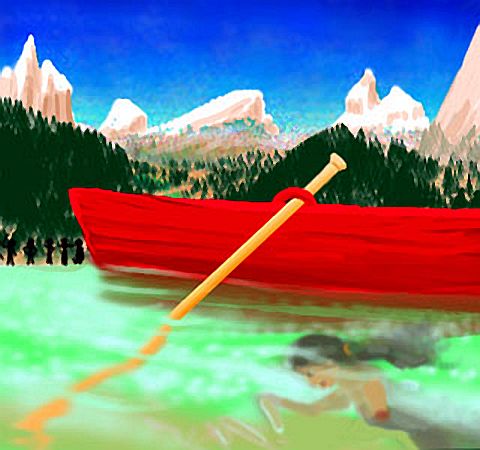 Red boat on a river; icy peaks, background. Beneath, seen hazily, a woman is placing bones on the river-bottom: disassembling herself!