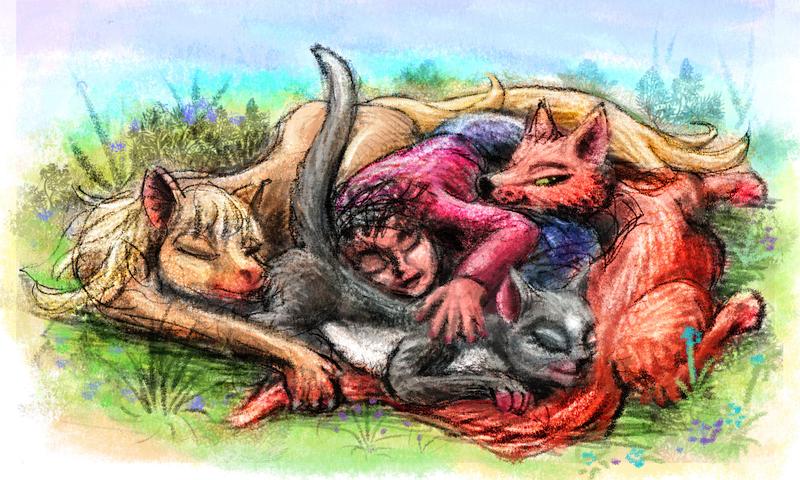 Human curled up with three furries. Dream sketch by Wayan. Click to enlarge.