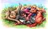 Thumbnail of human curled up with three furries. Dream sketch by Wayan. Click to enlarge.