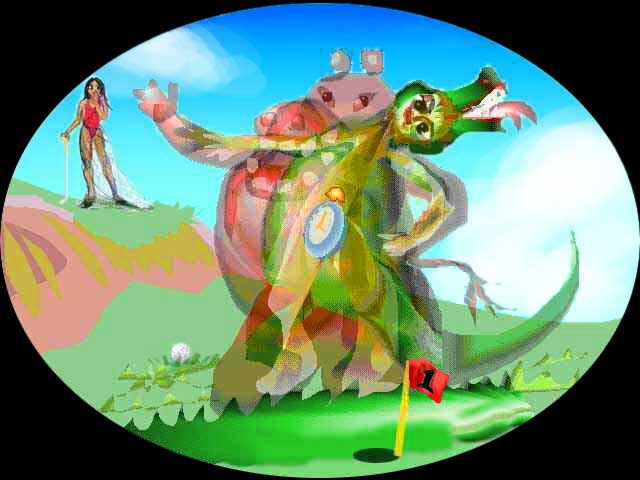 Giselle on a golf course in red leotard leans on golf club, watching a transparent hippo with crocodile inside with man inside with alarm clock inside.
