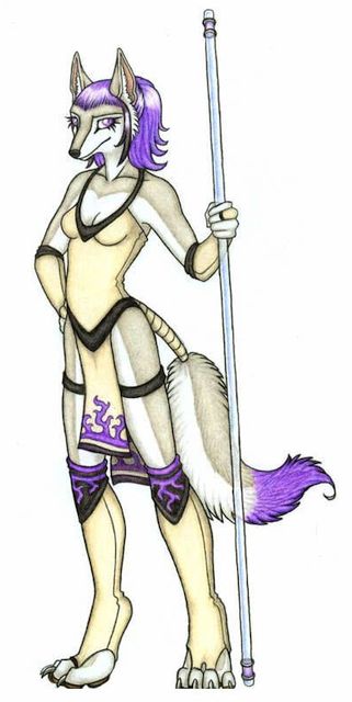 Tall fox-girl with a crystal staff. Sketch by Katie Hofgard. Click to enlarge.