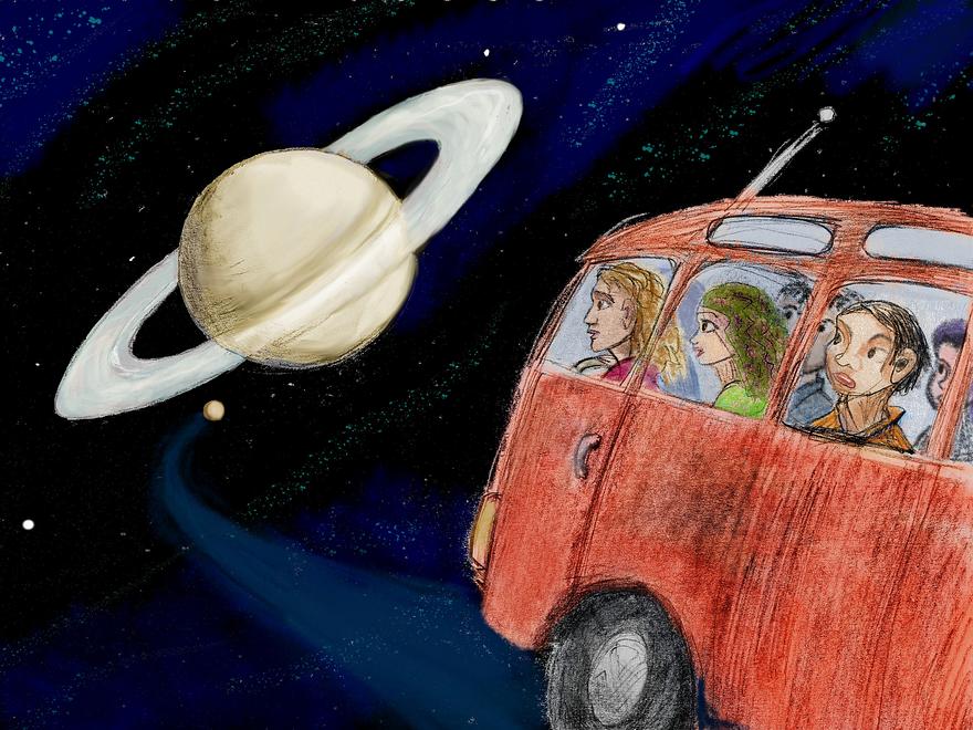 Our wedding band drives a hippie bus to Titan. Dream sketch by Wayan. Click to enlarge.