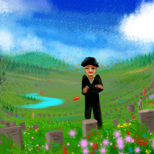A huge cemetery with smirking little black-suited attendants; dream sketch by Wayan.