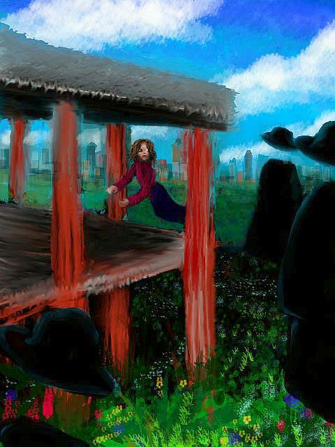 Digital painting of a dream by Wayan: above a half-built house, three floating figures in black hats and coats surround me.