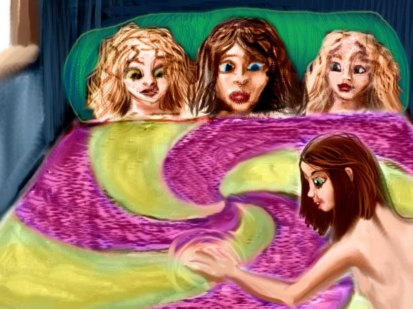 a man, two women (twins?) and a girl examine a coverlet with a three-armed spiral design--a Triskelion. Dream sketch by Wayan.