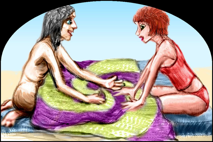 a bony guy and a girl with short red hair sit talking in bed, their legs under a coverlet with a three-armed spiral design--a 'Triskelion'. Dream sketch by Wayan.